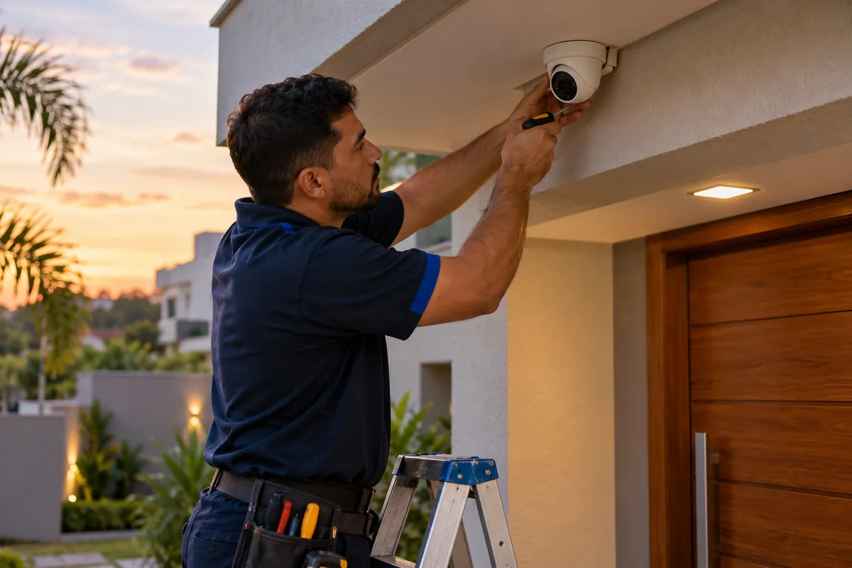 Técnico instalando uma câmera de segurança na fachada da casa