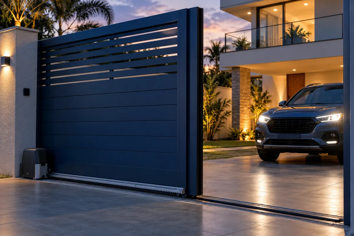 Portão deslizante automático abrindo para um carro entrar na garagem
