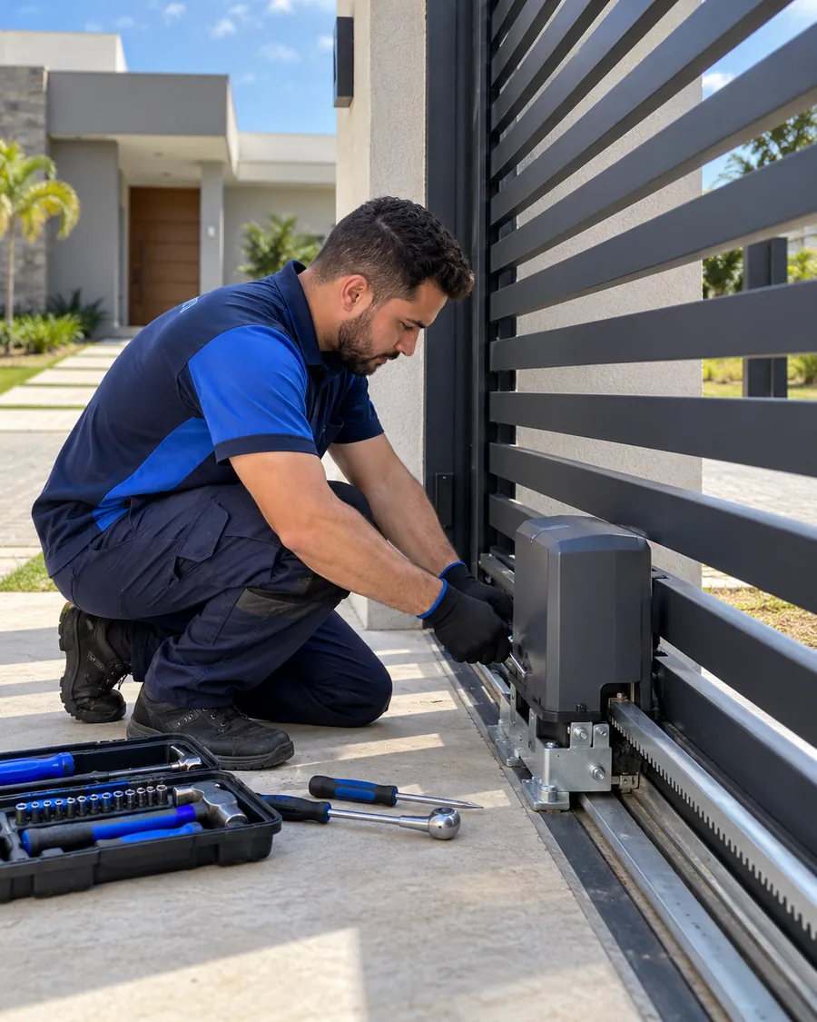 Técnico uniformizado instalando o motor de um portão deslizante